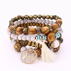 Multilayered Wooden Beaded Bracelet In White